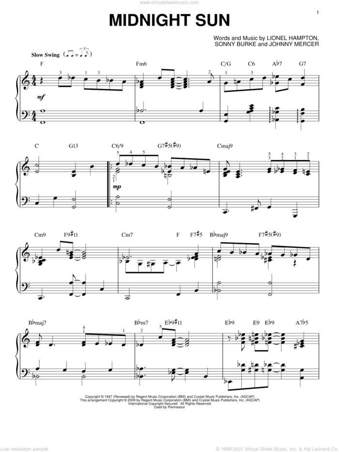 Midnight Sun [Jazz version] (arr. Brent Edstrom) sheet music for piano solo by Lionel Hampton, Johnny Mercer and Sonny Burke, intermediate skill level