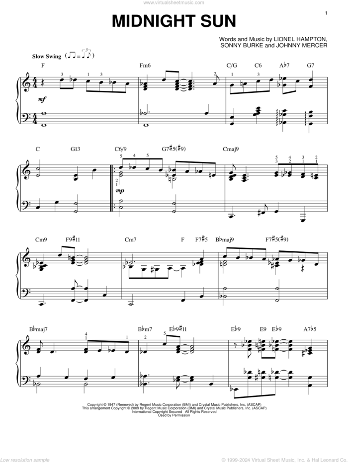 Midnight Sun sheet music for piano solo (PDF-interactive)