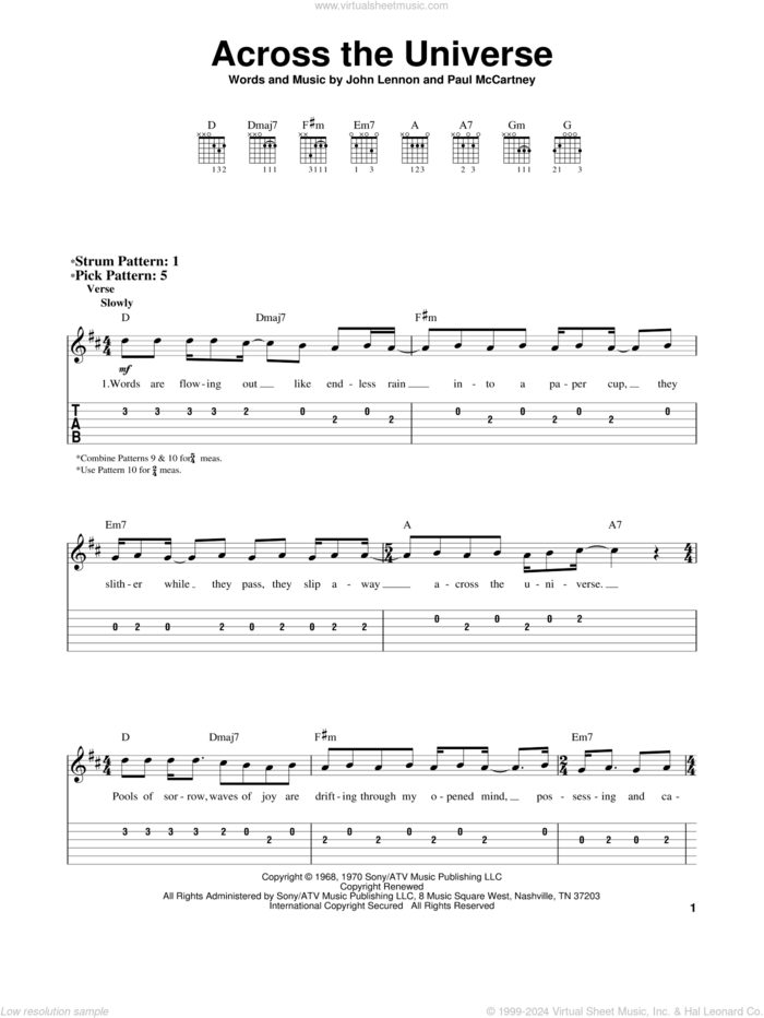 Across The Universe sheet music for guitar solo (easy tablature) by The Beatles, John Lennon and Paul McCartney, easy guitar (easy tablature)