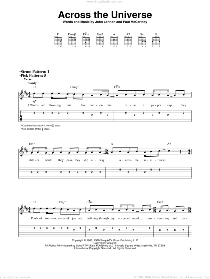 Across The Universe sheet music for guitar solo (easy tablature) by The Beatles, John Lennon and Paul McCartney, easy guitar (easy tablature)