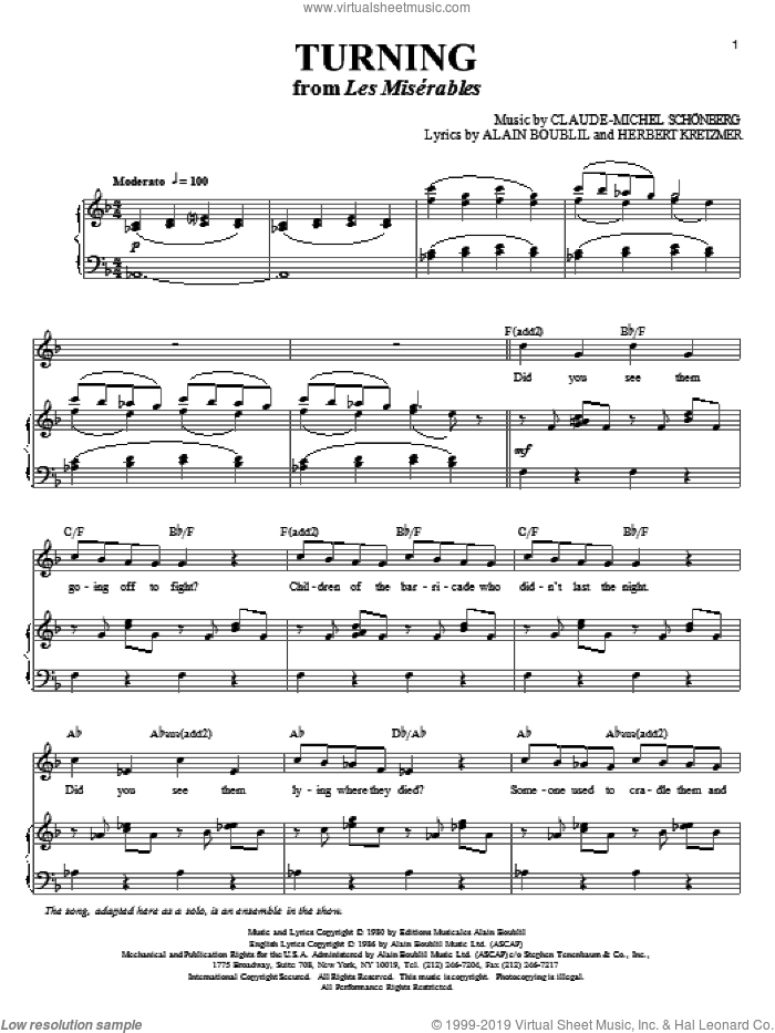 Turning sheet music for voice and piano by Boublil and Schonberg, Les Miserables (Musical), Alain Boublil, Claude-Michel Schonberg, Herbert Kretzer and Michel LeGrand, intermediate skill level