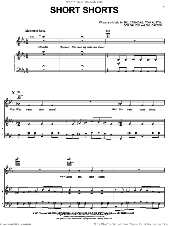 Short Shorts sheet music for voice, piano or guitar by The Royal Teens, Bill Crandall, Bill Dalton, Bob Gaudio and Tom Austin, intermediate skill level