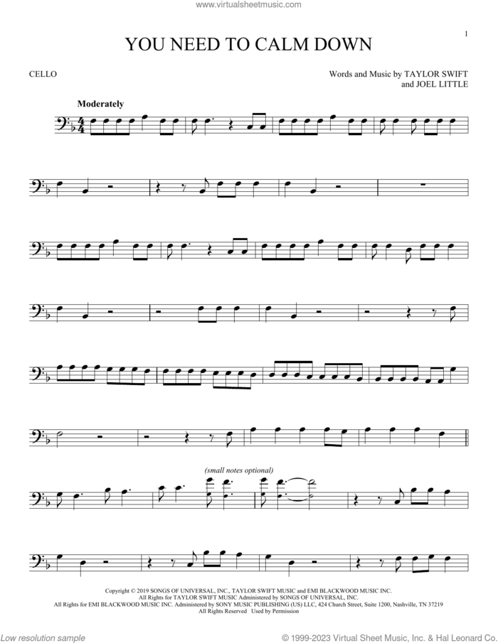 You Need To Calm Down sheet music for cello solo by Taylor Swift and Joel Little, intermediate skill level