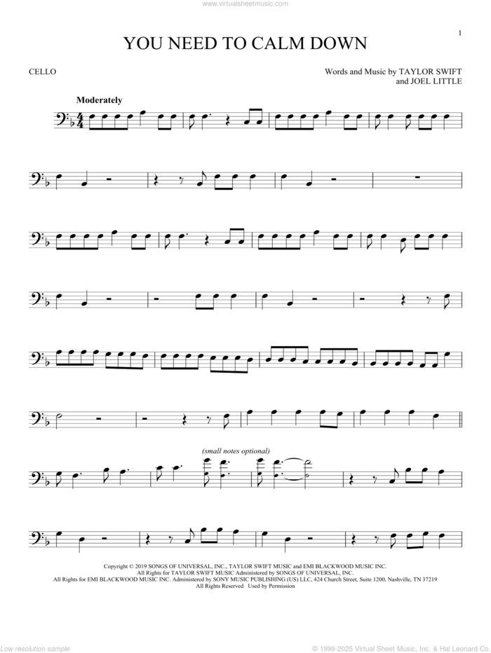 You Need To Calm Down sheet music for cello solo by Taylor Swift and Joel Little, intermediate skill level