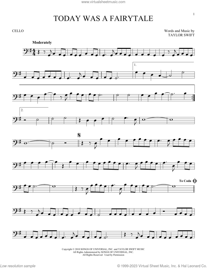 Today Was A Fairytale sheet music for cello solo by Taylor Swift, intermediate skill level