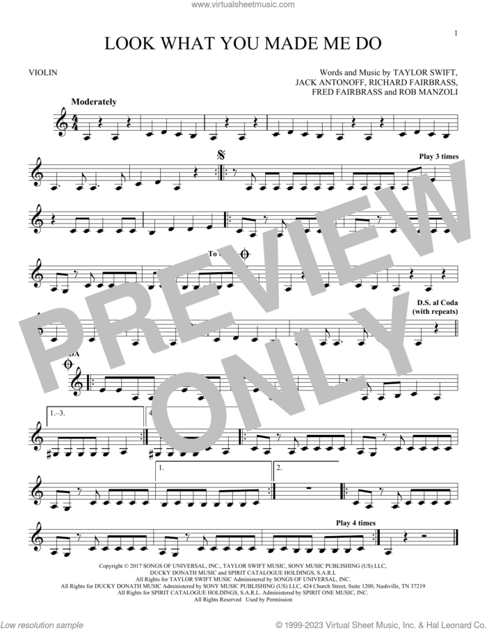 Look What You Made Me Do sheet music for violin solo by Taylor Swift, Fred Fairbrass, Jack Antonoff, Richard Fairbrass and Rob Manzoli, intermediate skill level