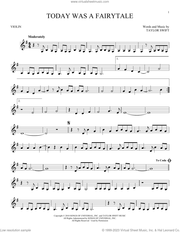 Today Was A Fairytale sheet music for violin solo by Taylor Swift, intermediate skill level