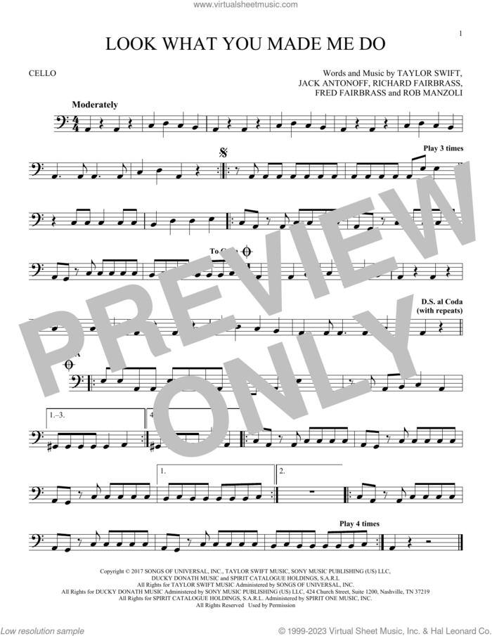 Look What You Made Me Do sheet music for cello solo by Taylor Swift, Fred Fairbrass, Jack Antonoff, Richard Fairbrass and Rob Manzoli, intermediate skill level