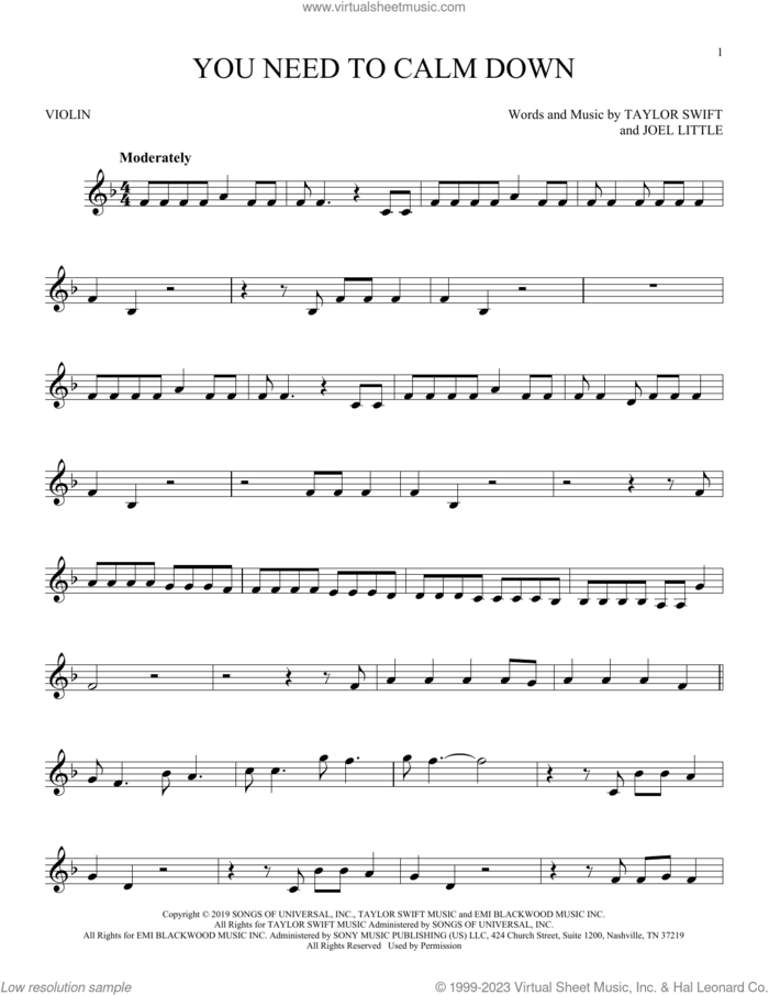 You Need To Calm Down sheet music for violin solo by Taylor Swift and Joel Little, intermediate skill level