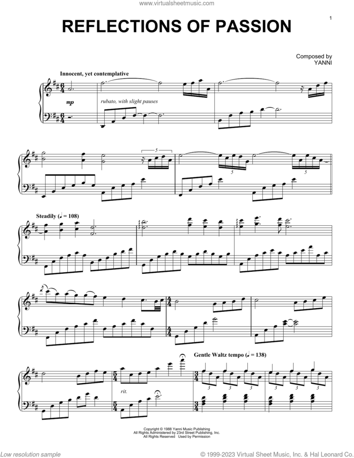 Reflections Of Passion sheet music for piano solo by Yanni, intermediate skill level