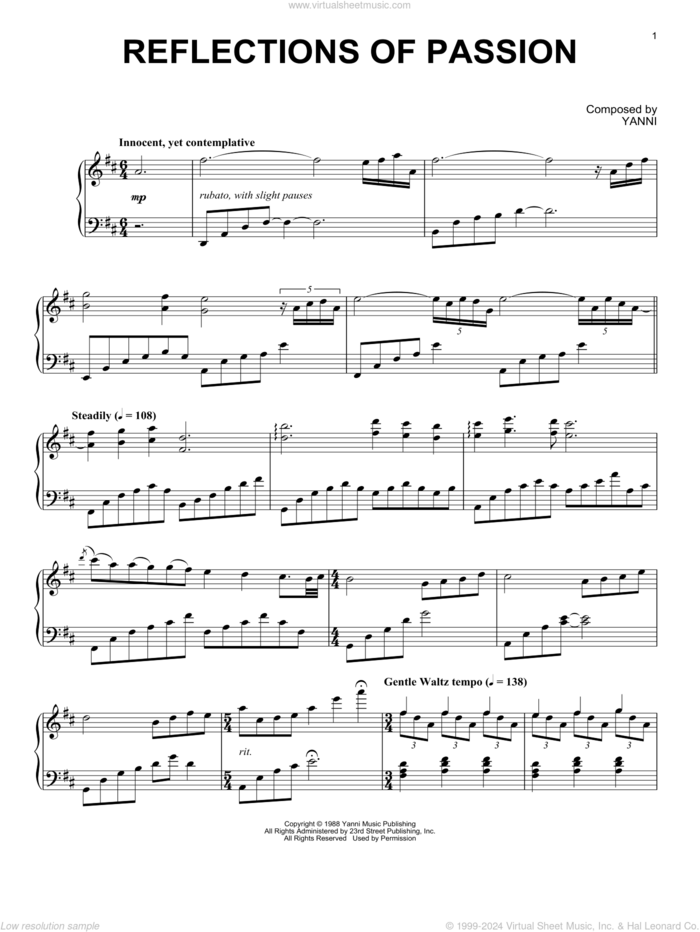 Reflections Of Passion sheet music for piano solo by Yanni, intermediate skill level