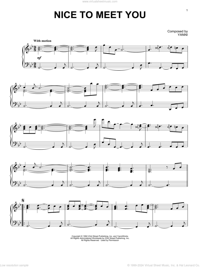 Nice To Meet You sheet music for piano solo by Yanni, intermediate skill level