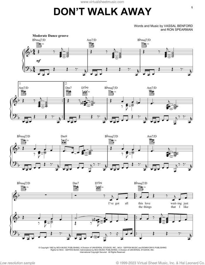 Don't Walk Away sheet music for voice, piano or guitar by Jade, Ron Spearman and Vassal Benford, intermediate skill level