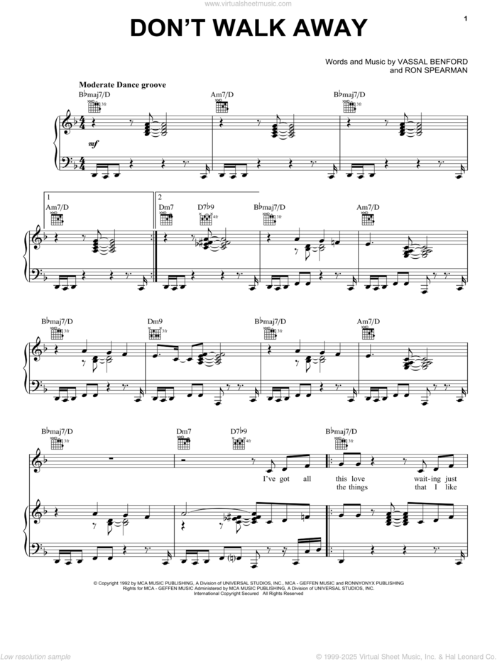 Don't Walk Away sheet music for voice, piano or guitar by Jade, Ron Spearman and Vassal Benford, intermediate skill level