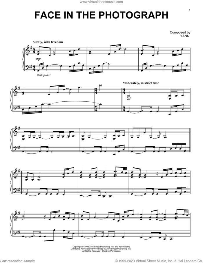 Face In The Photograph sheet music for piano solo by Yanni, intermediate skill level