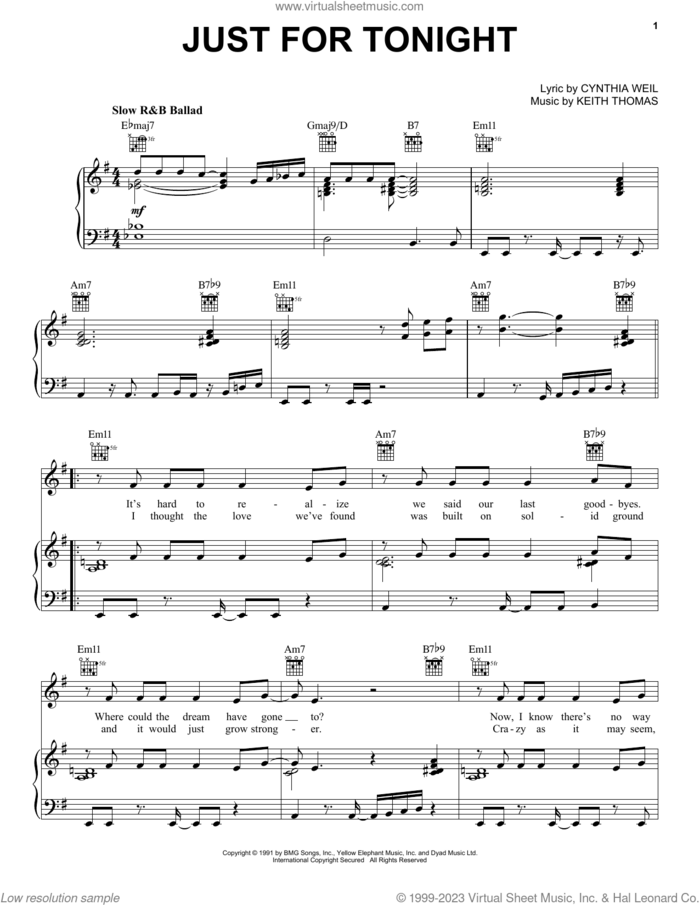 Just For Tonight sheet music for voice, piano or guitar by Vanessa Williams, Cynthia Weil and Keith Thomas, intermediate skill level