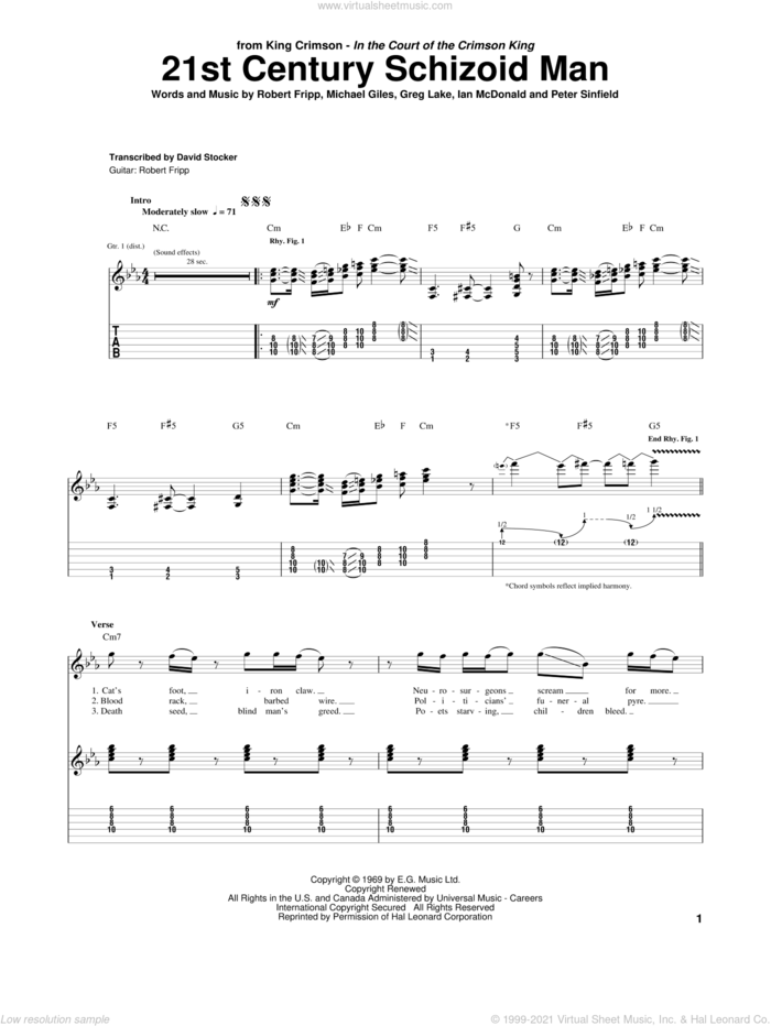 21st Century Schizoid Man sheet music for guitar (tablature) by King Crimson, Greg Lake, Ian McDonald, Michael Giles, Peter Sinfield and Robert Fripp, intermediate skill level