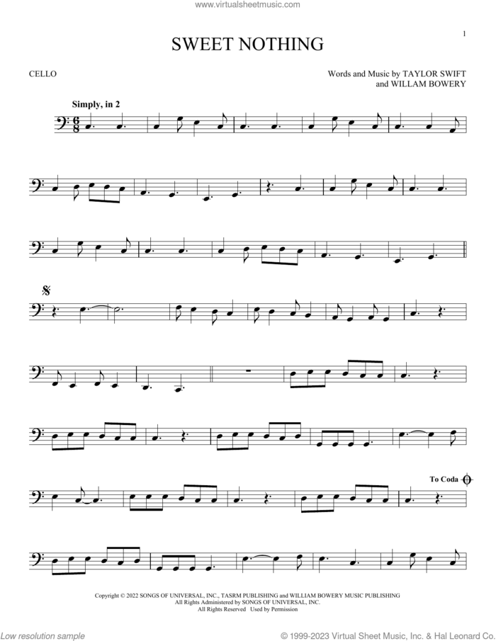 Sweet Nothing sheet music for cello solo by Taylor Swift and William Bowery, intermediate skill level