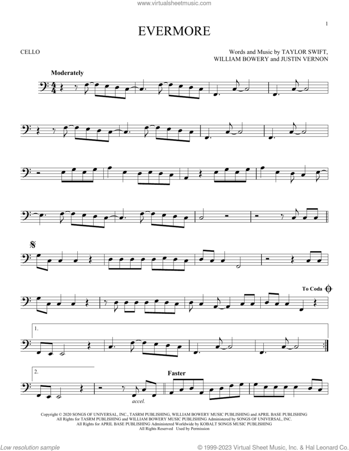 evermore (feat. Bon Iver) sheet music for cello solo by Taylor Swift, Justin Vernon and William Bowery, intermediate skill level