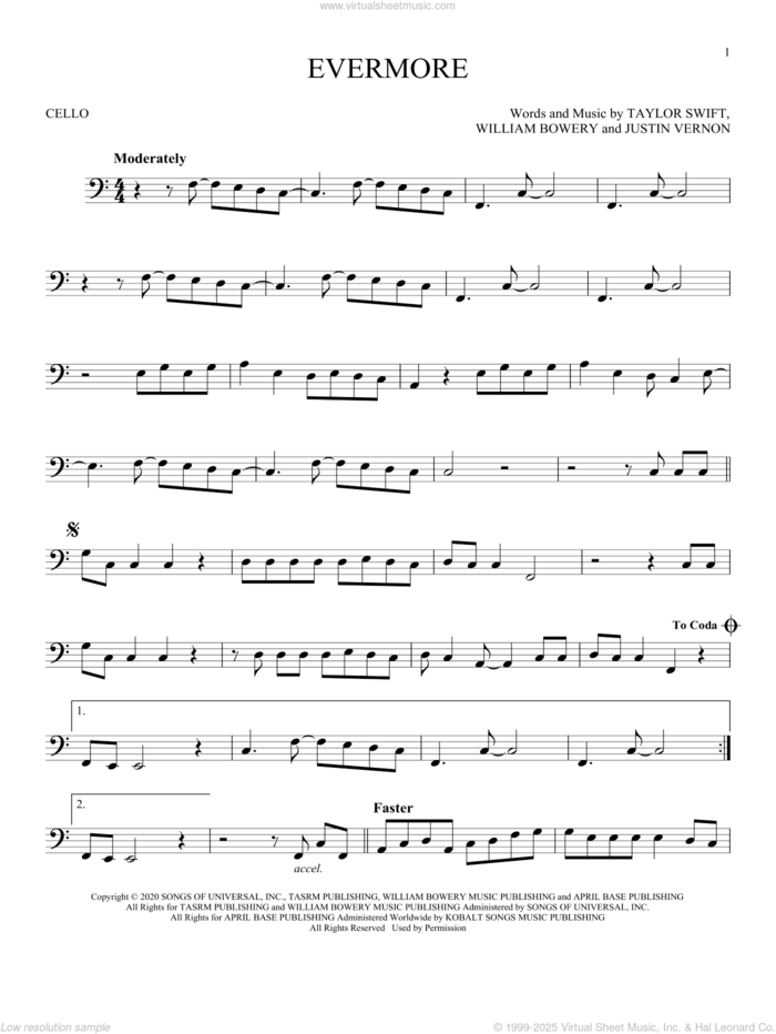 evermore (feat. Bon Iver) sheet music for cello solo by Taylor Swift, Justin Vernon and William Bowery, intermediate skill level