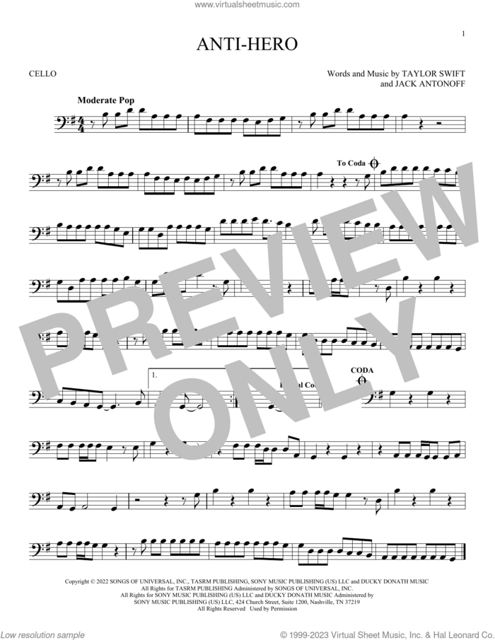 Anti-Hero sheet music for cello solo by Taylor Swift and Jack Antonoff, intermediate skill level