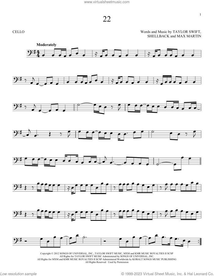 22 sheet music for cello solo by Taylor Swift, Max Martin and Shellback, intermediate skill level