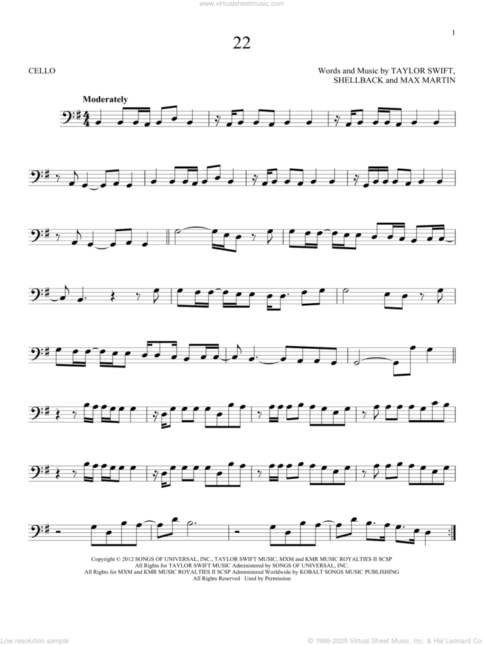 22 sheet music for cello solo by Taylor Swift, Max Martin and Shellback, intermediate skill level