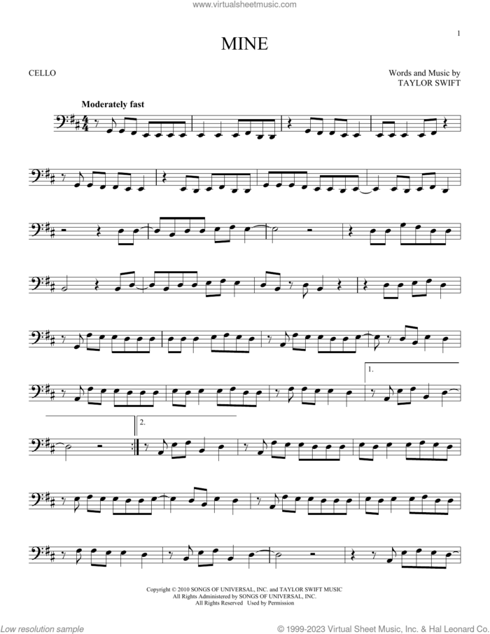 Mine sheet music for cello solo by Taylor Swift, intermediate skill level