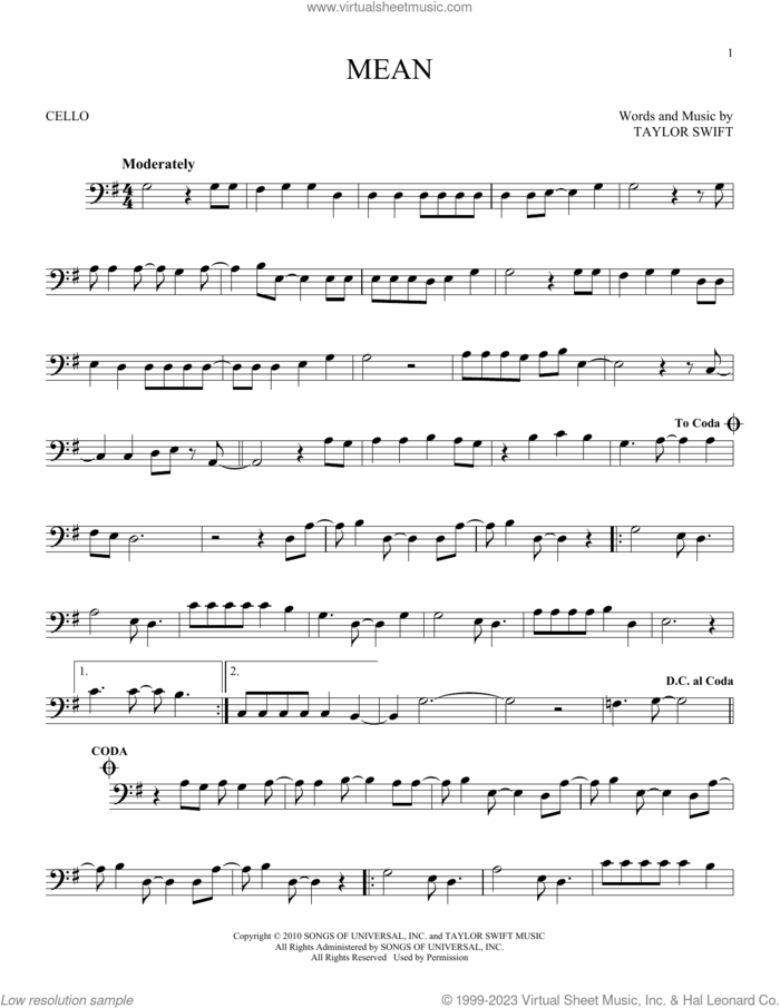 Mean sheet music for cello solo by Taylor Swift, intermediate skill level