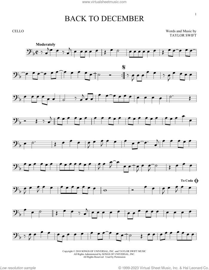Back To December sheet music for cello solo by Taylor Swift, intermediate skill level