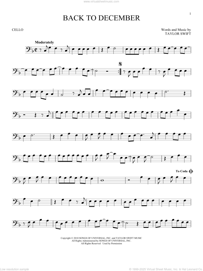 Back To December sheet music for cello solo by Taylor Swift, intermediate skill level