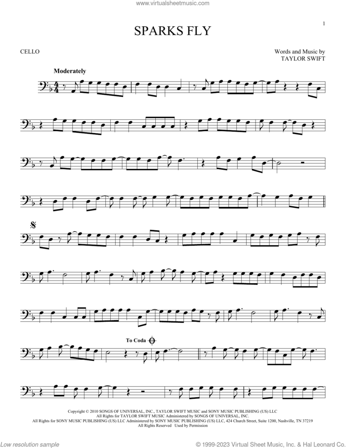 Sparks Fly sheet music for cello solo by Taylor Swift, intermediate skill level