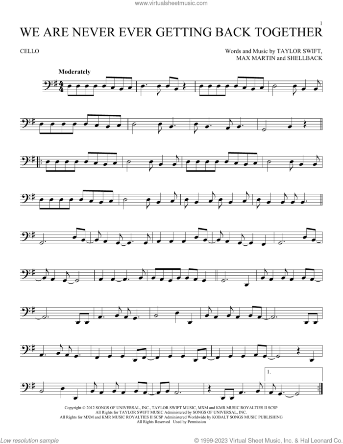 We Are Never Ever Getting Back Together sheet music for cello solo by Taylor Swift, Max Martin and Shellback, intermediate skill level