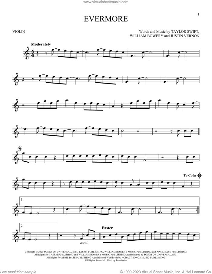 evermore (feat. Bon Iver) sheet music for violin solo by Taylor Swift, Justin Vernon and William Bowery, intermediate skill level
