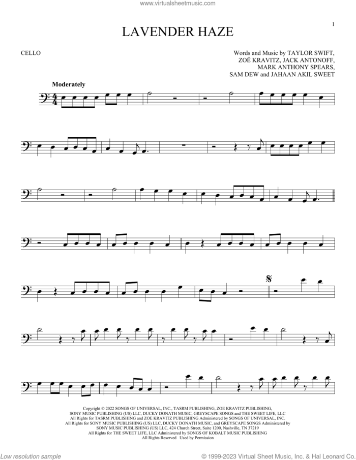 Lavender Haze sheet music for cello solo by Taylor Swift, Jack Antonoff, Jahaan Akil Sweet, Mark Anthony Spears, Sam Dew and Zoe Kravitz, intermediate skill level
