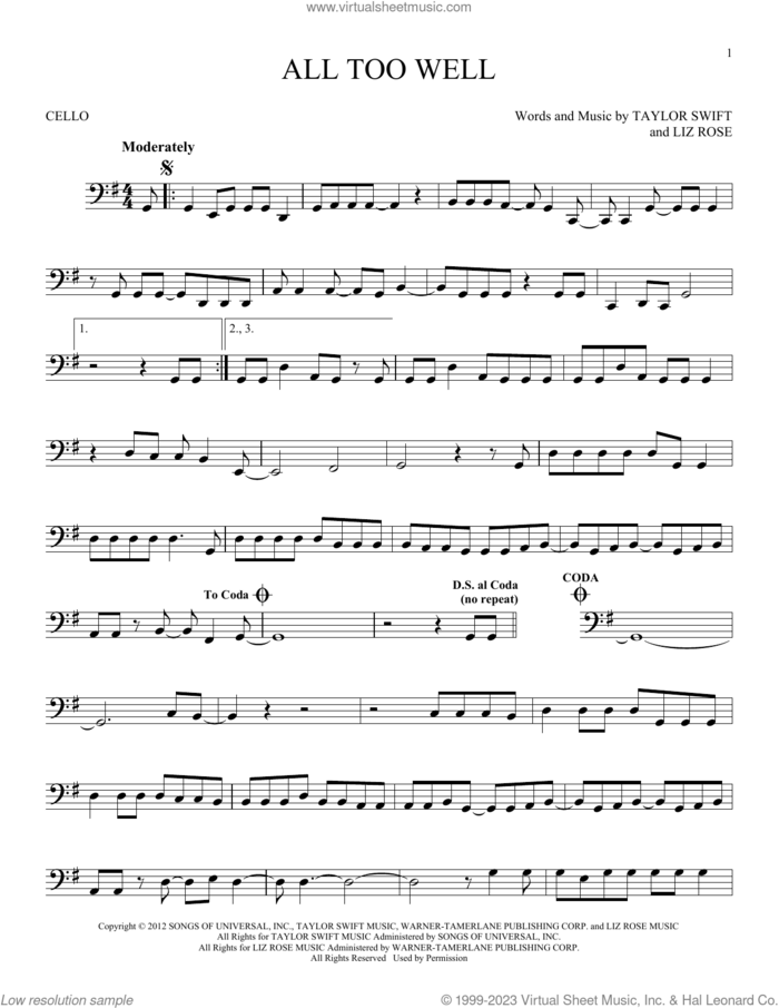 All Too Well sheet music for cello solo by Taylor Swift and Liz Rose, intermediate skill level
