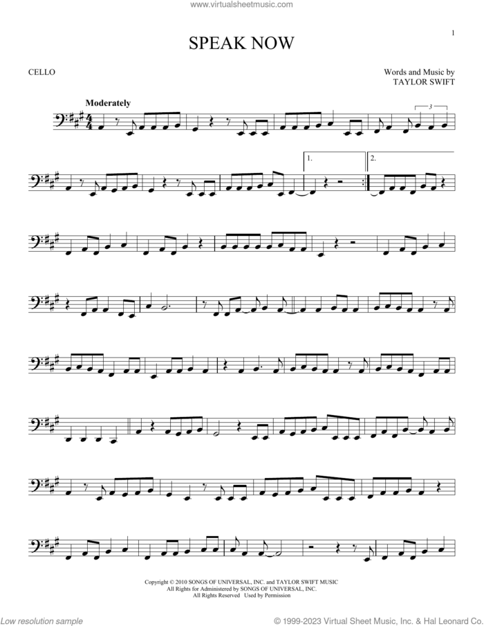 Speak Now sheet music for cello solo by Taylor Swift, intermediate skill level