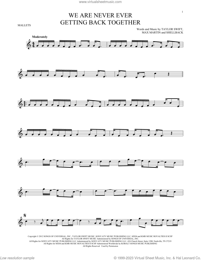 We Are Never Ever Getting Back Together sheet music for mallet solo (Percussion) by Taylor Swift, Max Martin and Shellback, intermediate mallet (Percussion)
