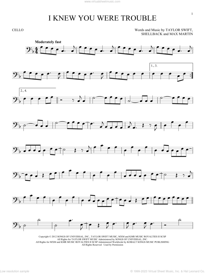 I Knew You Were Trouble sheet music for cello solo by Taylor Swift, Max Martin and Shellback, intermediate skill level