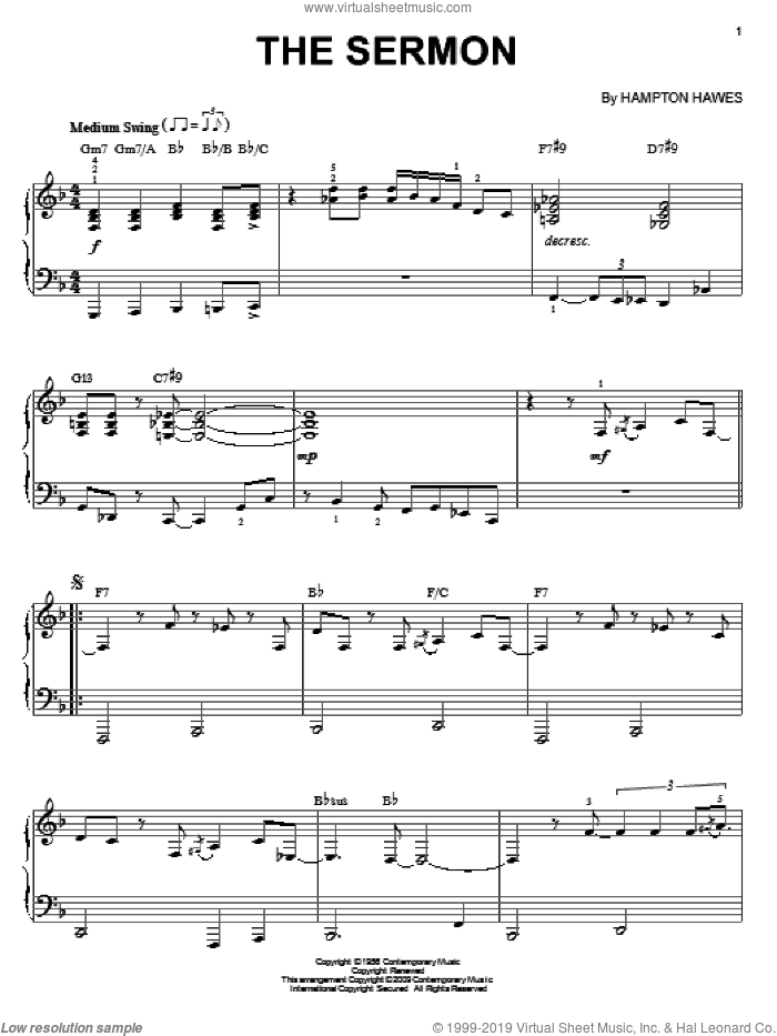 The Sermon (arr. Brent Edstrom) sheet music for piano solo by Hampton Hawes, intermediate skill level
