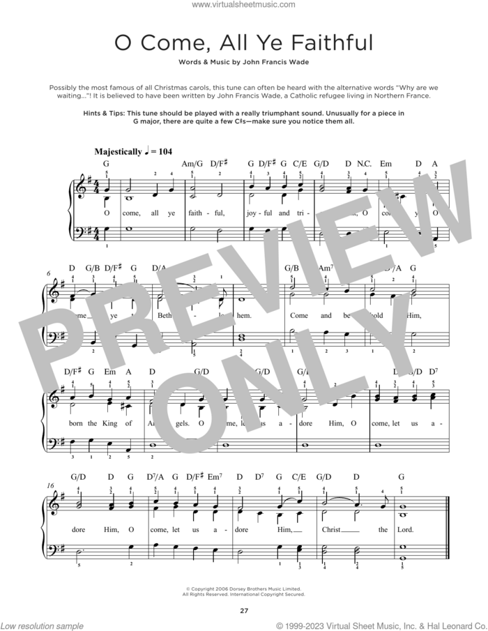 O Come, All Ye Faithful sheet music for piano solo by John Francis Wade and Frederick Oakeley (English), beginner skill level