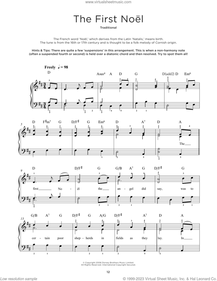 The First Noel sheet music for piano solo by W. Sandys' Christmas Carols and Miscellaneous, beginner skill level