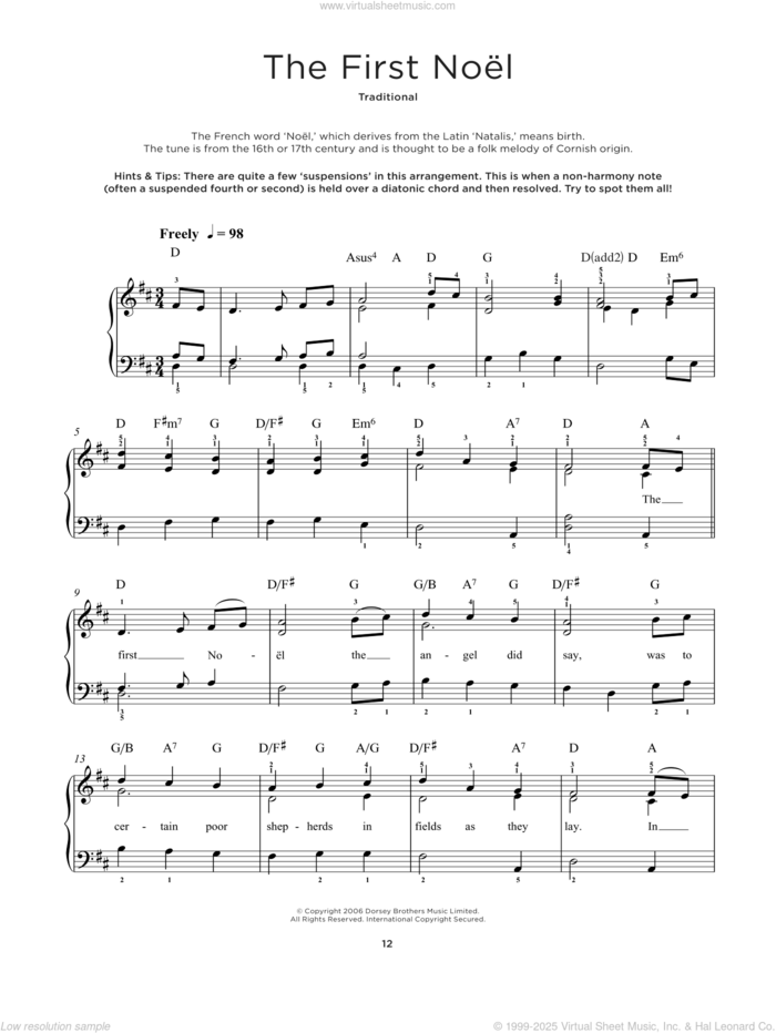 The First Noel sheet music for piano solo by W. Sandys' Christmas Carols and Miscellaneous, beginner skill level