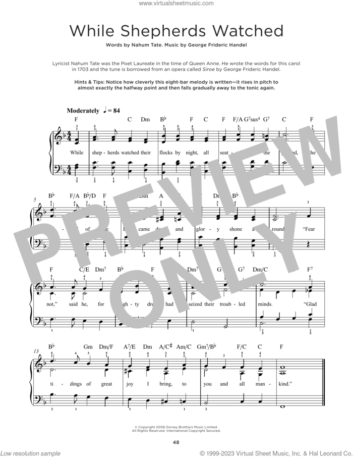While Shepherds Watched Their Flocks, (beginner) sheet music for piano solo by George Frideric Handel and Nahum Tate, beginner skill level
