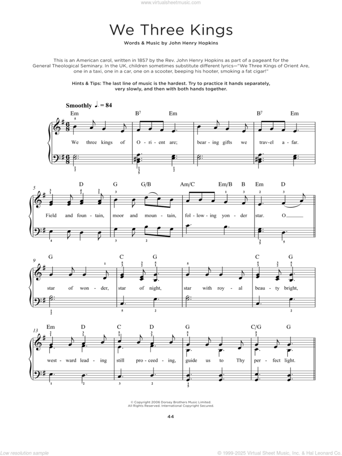 We Three Kings Of Orient Are sheet music for piano solo by John H. Hopkins, Jr., beginner skill level