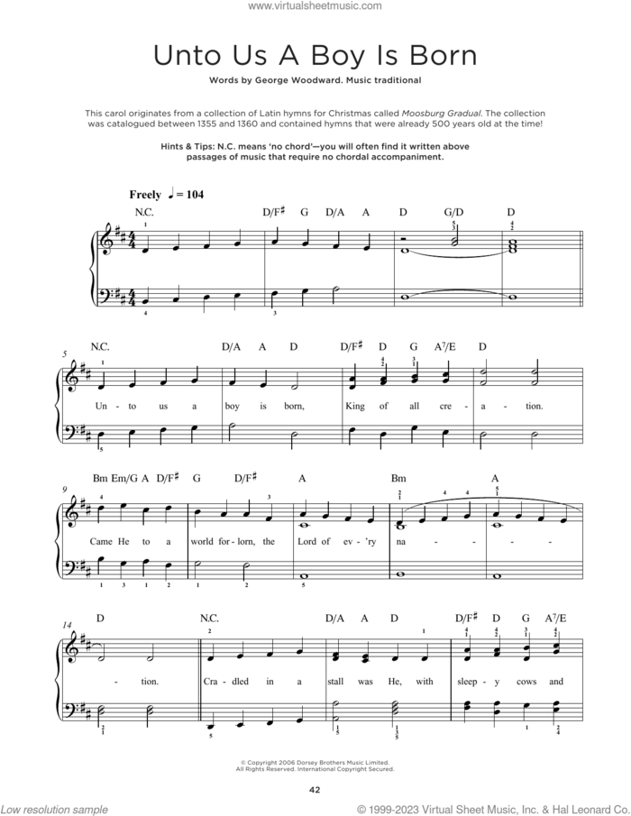 Unto Us A Boy Is Born sheet music for piano solo  and Anonymous, beginner skill level