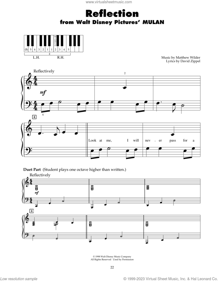 Reflection (from Mulan) sheet music for piano solo (5-fingers) by David Zippel, Christina Aguilera and Matthew Wilder, beginner piano (5-fingers)