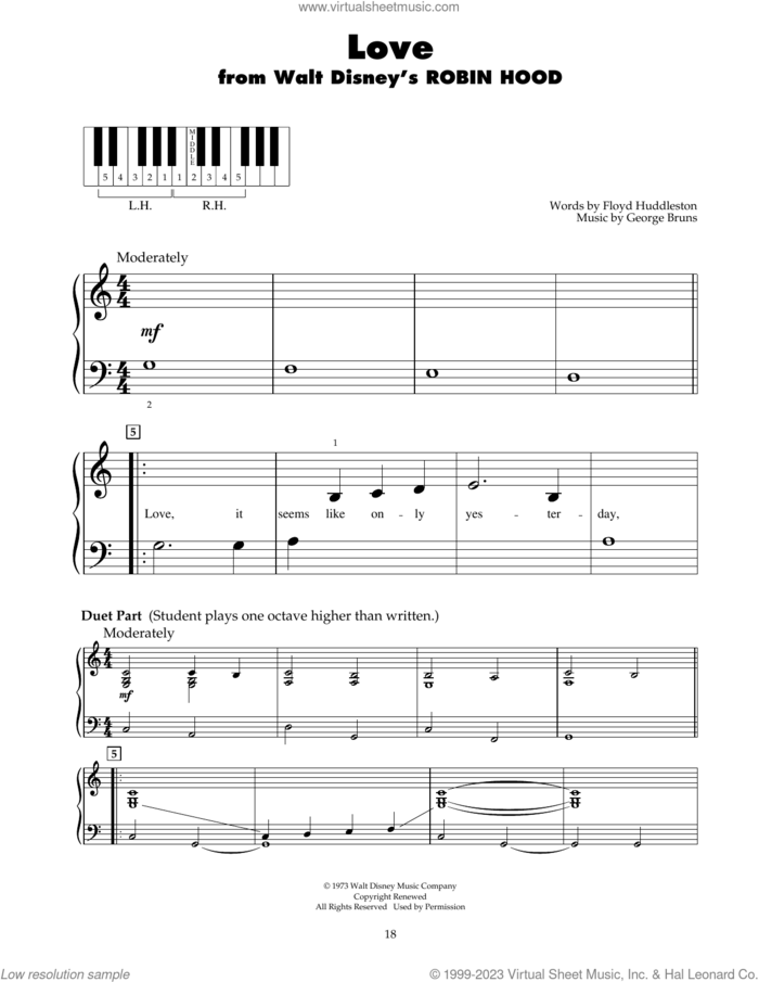 Love (from Robin Hood) sheet music for piano solo (5-fingers) by George Bruns and Floyd Huddleston, beginner piano (5-fingers)