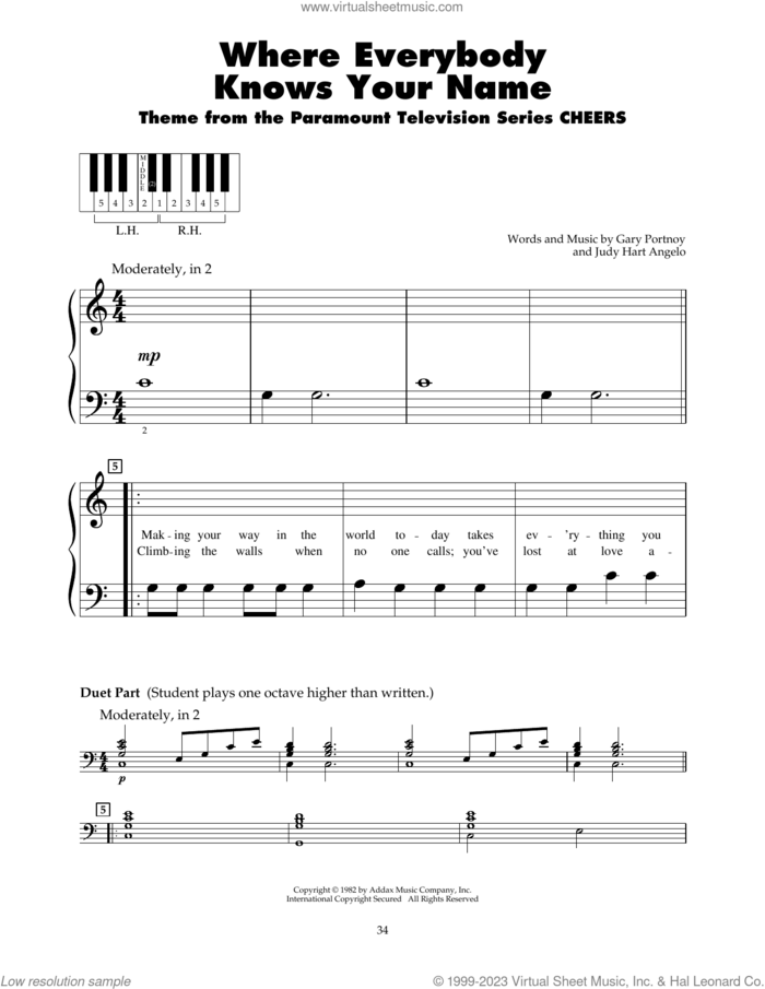 Where Everybody Knows Your Name (from Cheers) sheet music for piano solo (5-fingers) by Gary Portnoy and Judy Hart Angelo, beginner piano (5-fingers)