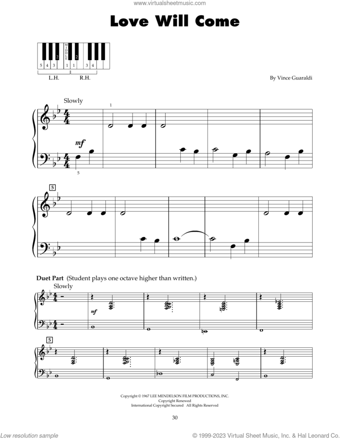 Love Will Come sheet music for piano solo (5-fingers) by Vince Guaraldi, beginner piano (5-fingers)